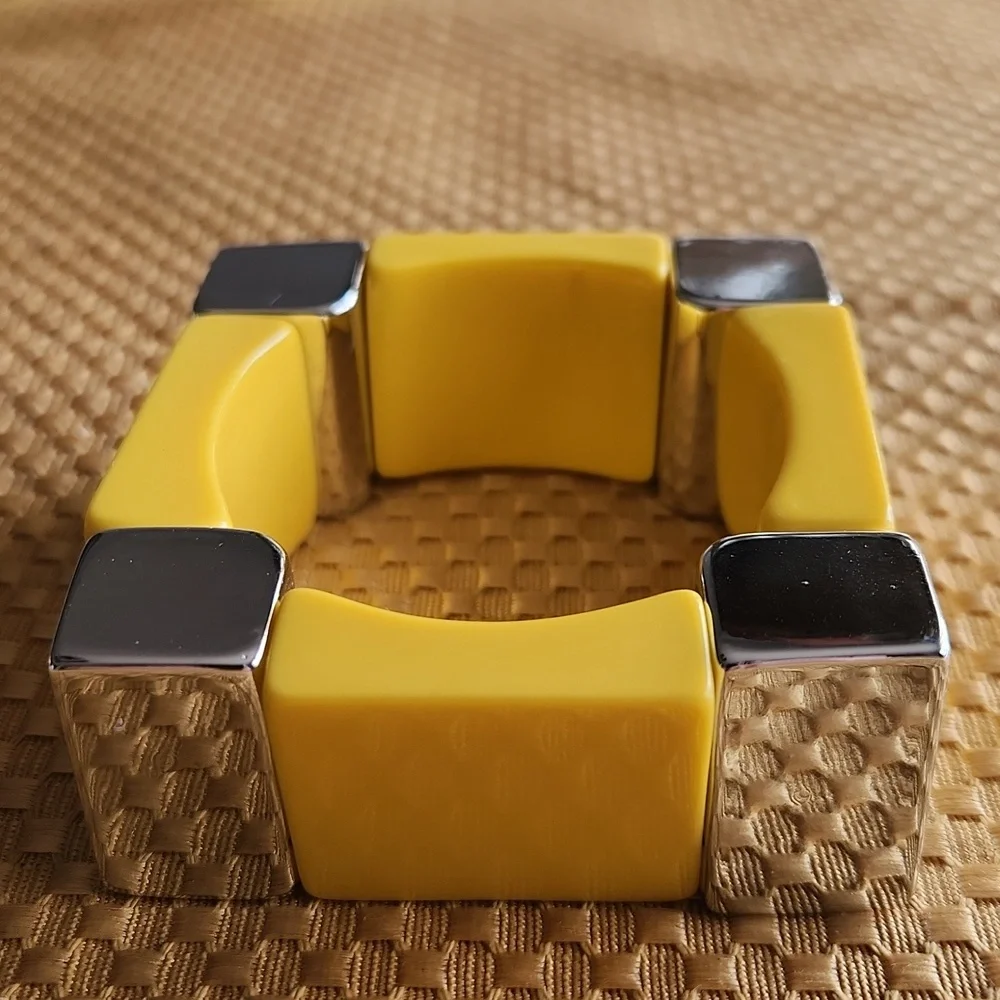 Yellow and Silver Stretch Bracelet Square Shape Geometric Chunky Bangle